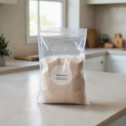 A transparent bag filled with maltodextrin on a pristine kitchen countertop