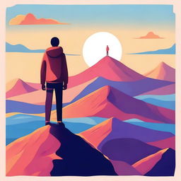 A vibrant and inspiring illustration titled 'My Life My Story' featuring a person standing on a mountain peak at sunrise, symbolizing triumph and personal journey