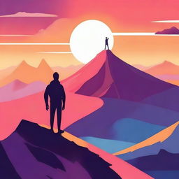 A vibrant and inspiring illustration titled 'My Life My Story' featuring a person standing on a mountain peak at sunrise, symbolizing triumph and personal journey