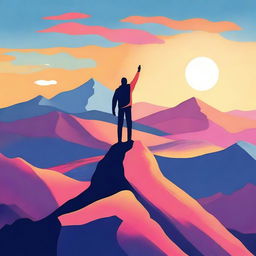 A vibrant and inspiring illustration titled 'My Life My Story' featuring a person standing on a mountain peak at sunrise, symbolizing triumph and personal journey