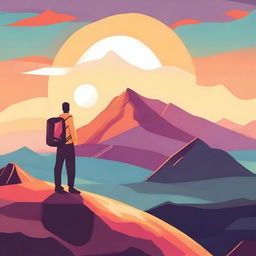 A vibrant and inspiring illustration titled 'My Life My Story' featuring a person standing on a mountain peak at sunrise, symbolizing triumph and personal journey