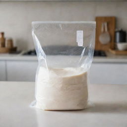 A transparent bag filled with maltodextrin on a pristine kitchen countertop