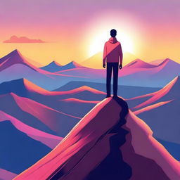 A vibrant and inspiring illustration titled 'My Life My Story' featuring a person standing on a mountain peak at sunrise, symbolizing triumph and personal journey