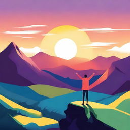 A vibrant and inspiring illustration titled 'My Life My Story' featuring a person standing on a mountain peak at sunrise, symbolizing triumph and personal journey