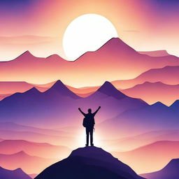 A vibrant and inspiring illustration titled 'My Life My Story' featuring a person standing on a mountain peak at sunrise, symbolizing triumph and personal journey