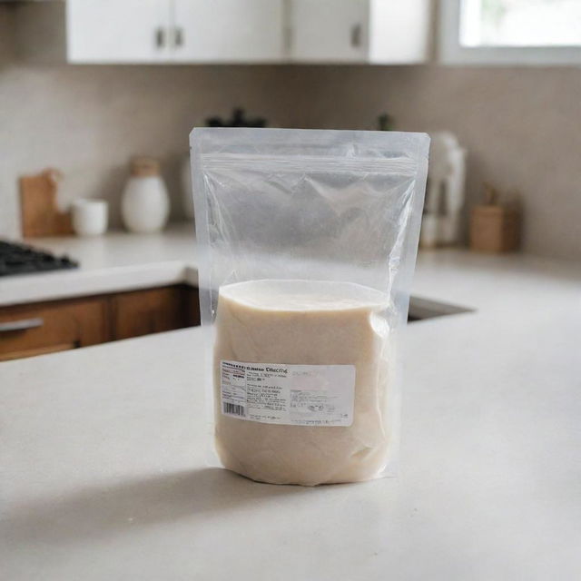 A transparent bag filled with maltodextrin on a pristine kitchen countertop