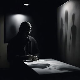 A dark and mysterious artist with a sinister aura, painting a haunting masterpiece in a dimly lit studio