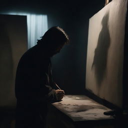 A dark and mysterious artist with a sinister aura, painting a haunting masterpiece in a dimly lit studio