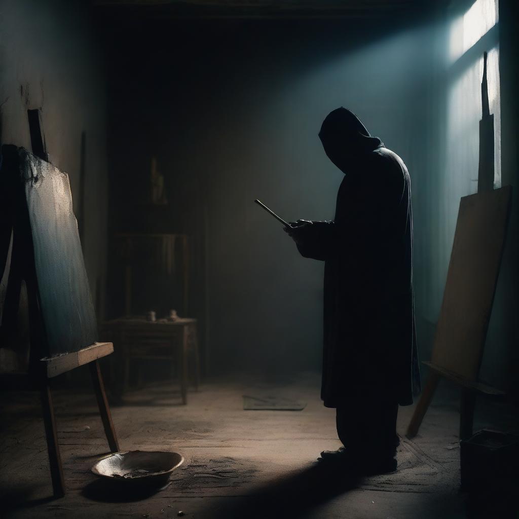 A dark and mysterious artist with a sinister aura, painting a haunting masterpiece in a dimly lit studio