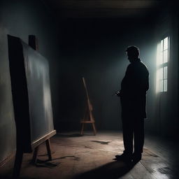 A dark and mysterious artist with a sinister aura, painting a haunting masterpiece in a dimly lit studio