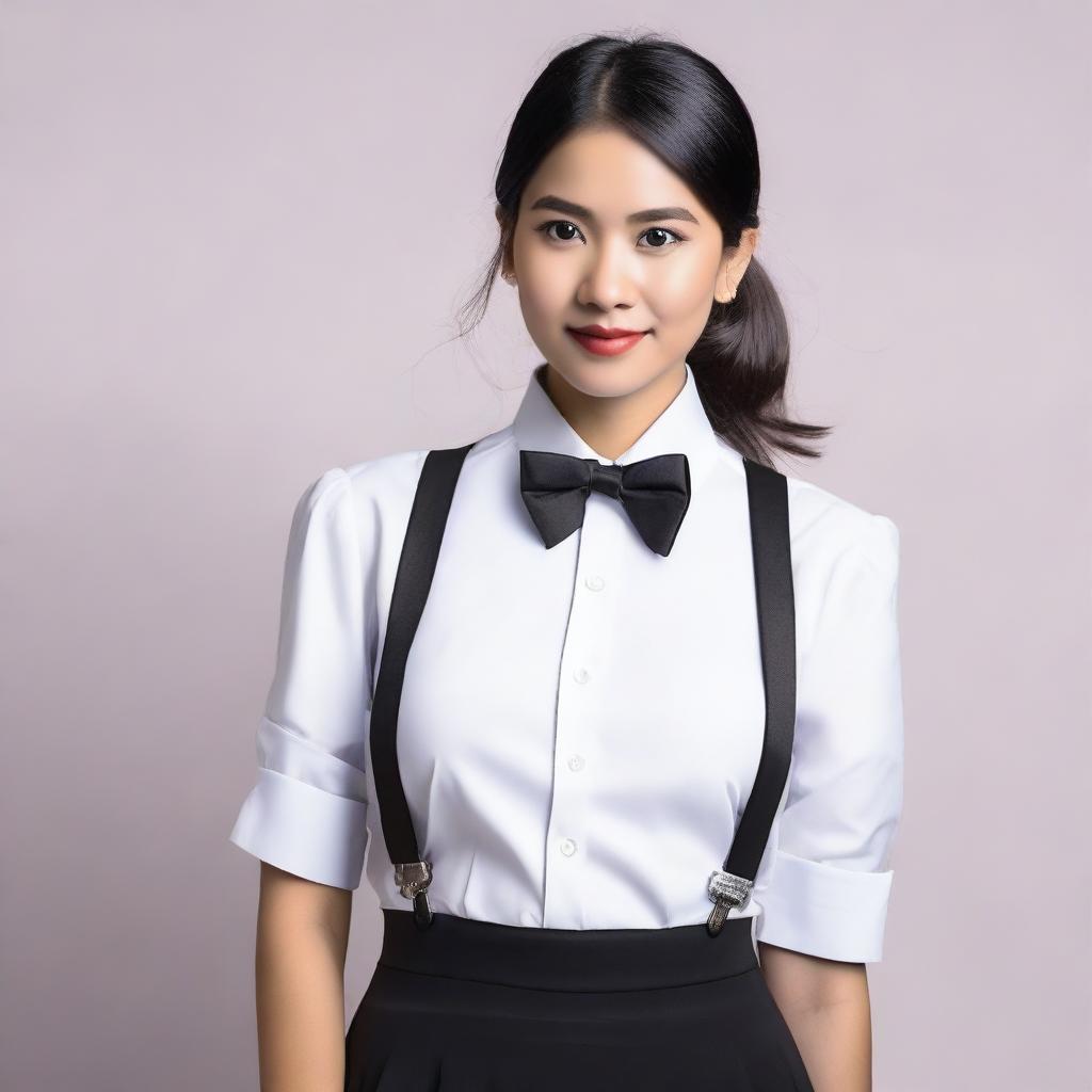 A 20-year-old Filipina woman is wearing a formal tuxedo shirt with a bowtie, black skirt, and suspenders