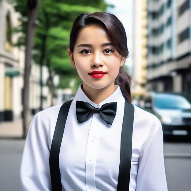 A 20-year-old Filipina woman is wearing a formal tuxedo shirt with a bowtie, black skirt, and suspenders