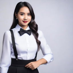 A 20-year-old Filipina woman is wearing a formal tuxedo shirt with a bowtie, black skirt, and suspenders