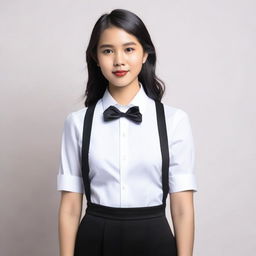 A 20-year-old Filipina woman is wearing a formal tuxedo shirt with a bowtie, black skirt, and suspenders