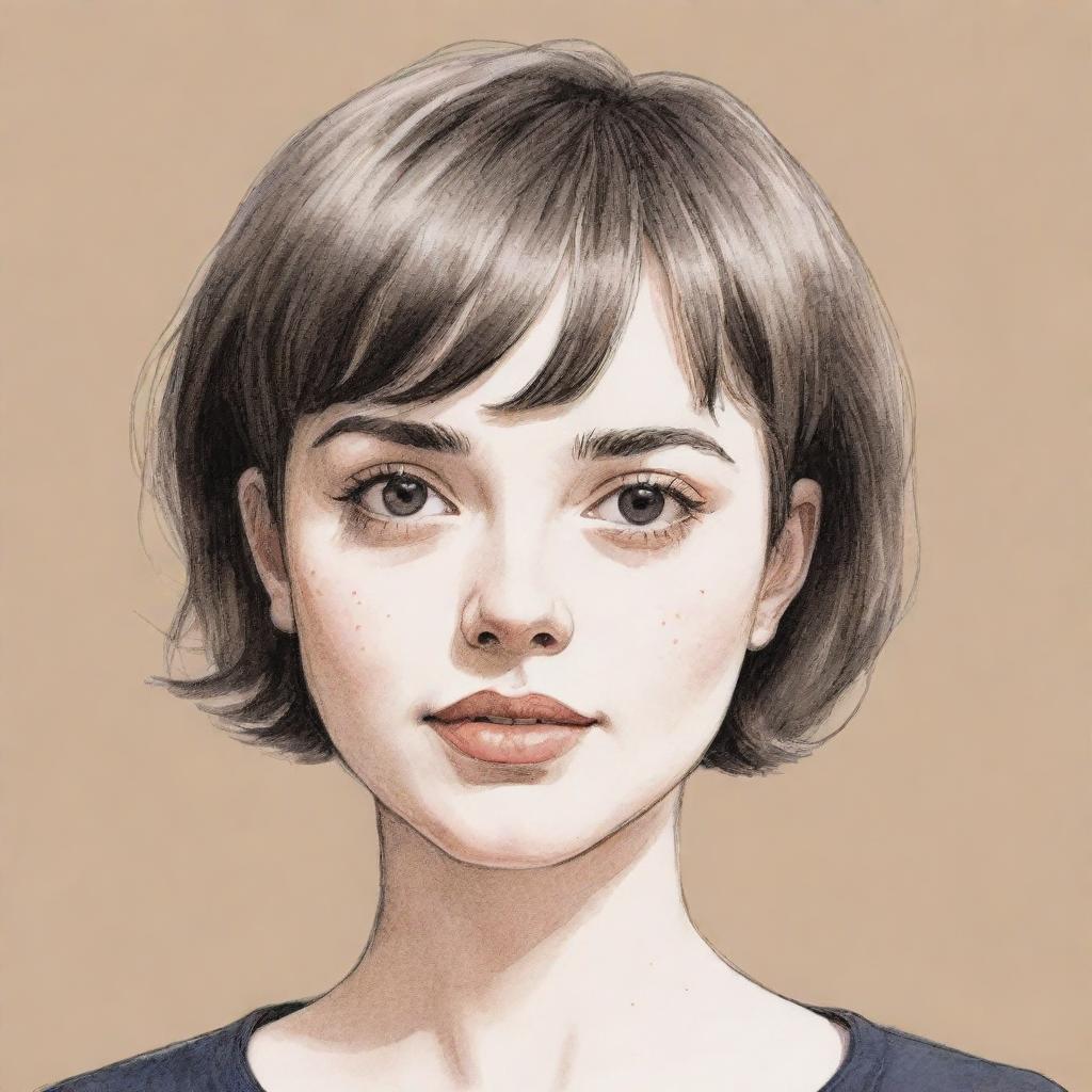 A hand-drawn illustration of a girl with short hair, showcasing expressive features and gentle demeanor.