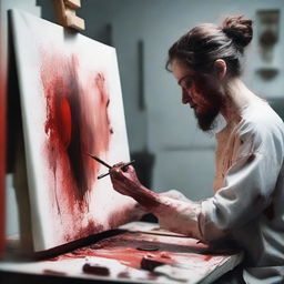 Create an image of a 'blood artist' working on a canvas