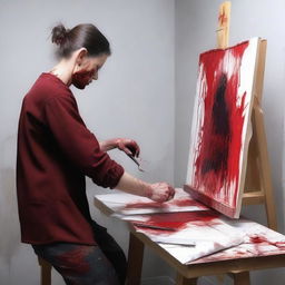 Create an image of a 'blood artist' working on a canvas