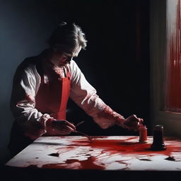 Create an image of a 'blood artist' working in a dark room