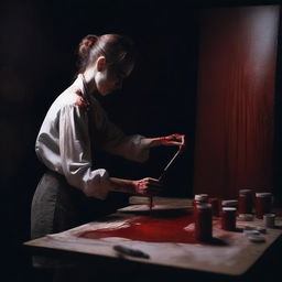 Create an image of a 'blood artist' working in a dark room