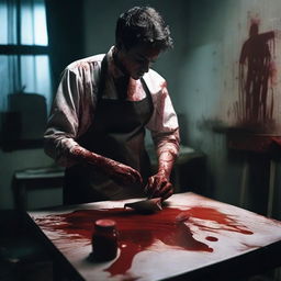 Create an image of a 'blood artist' working in a dark room