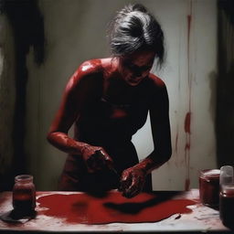 Create an image of a 'blood artist' working in a dark room