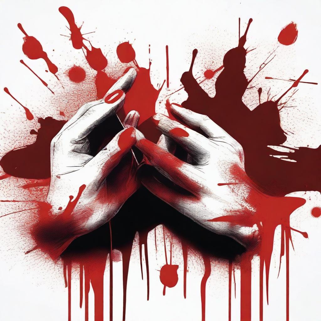 Create a close-up image of hands holding a brush dipped in blood