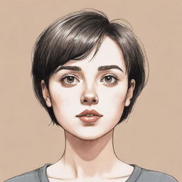 A hand-drawn illustration of a girl with short hair, showcasing expressive features and gentle demeanor.