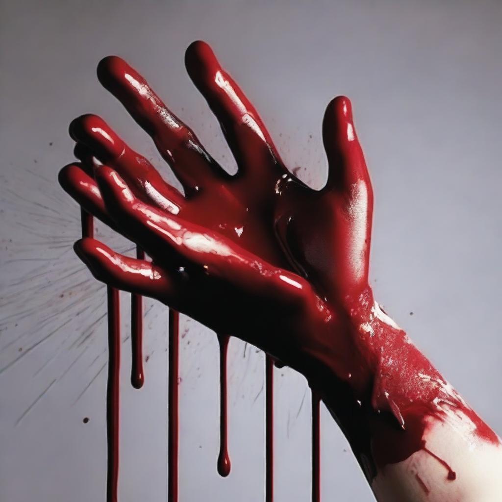 Create a close-up image of hands holding a brush with both paint and blood on it