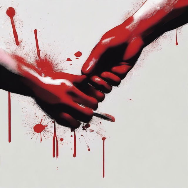 Create a close-up image of hands holding a brush with both paint and blood on it