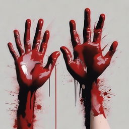 Create a close-up image of hands holding a brush with both paint and blood on it