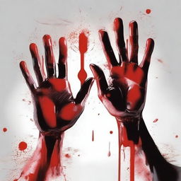 Create a close-up image of hands holding a brush with both paint and blood on it