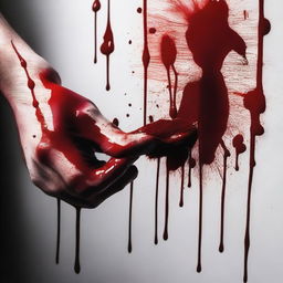 Create a close-up image of hands holding a painting brush with blood on it