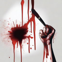 Create a close-up image of hands holding a painting brush with blood on it