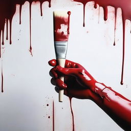 Create a close-up image of hands holding a painting brush with blood on it