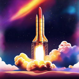 A digital art poster depicting a rocket launch to space