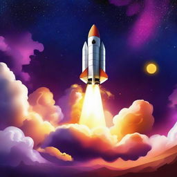 A digital art poster depicting a rocket launch to space