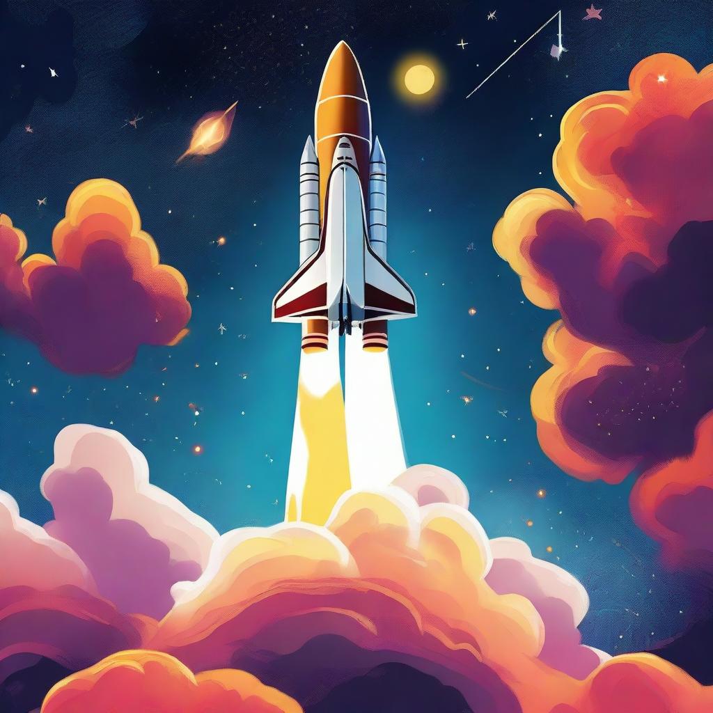 A digital art poster depicting a rocket launch to space