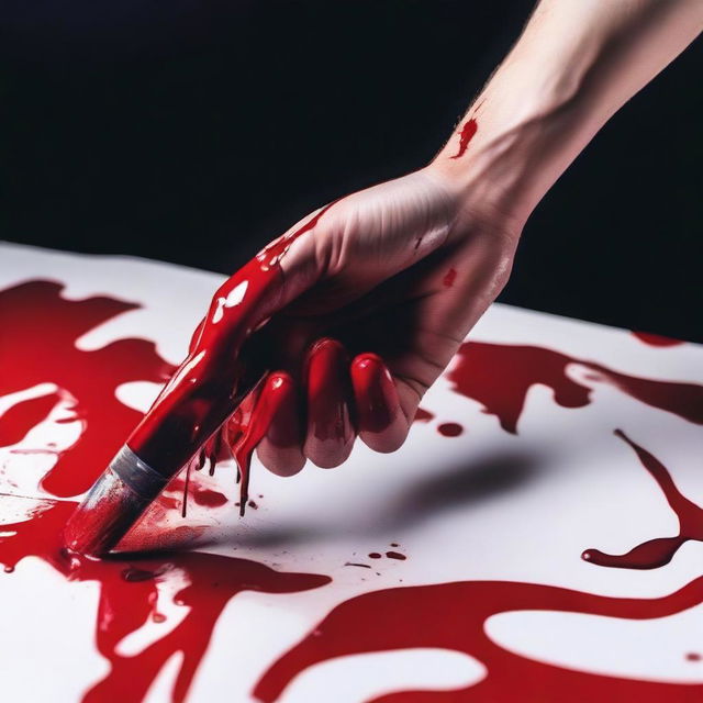 Create a close-up image of hands holding a painting brush with blood on it