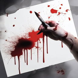 Create a close-up image of hands holding a painting brush with blood on it