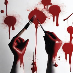 Create a close-up image of hands holding a painting brush with blood on it