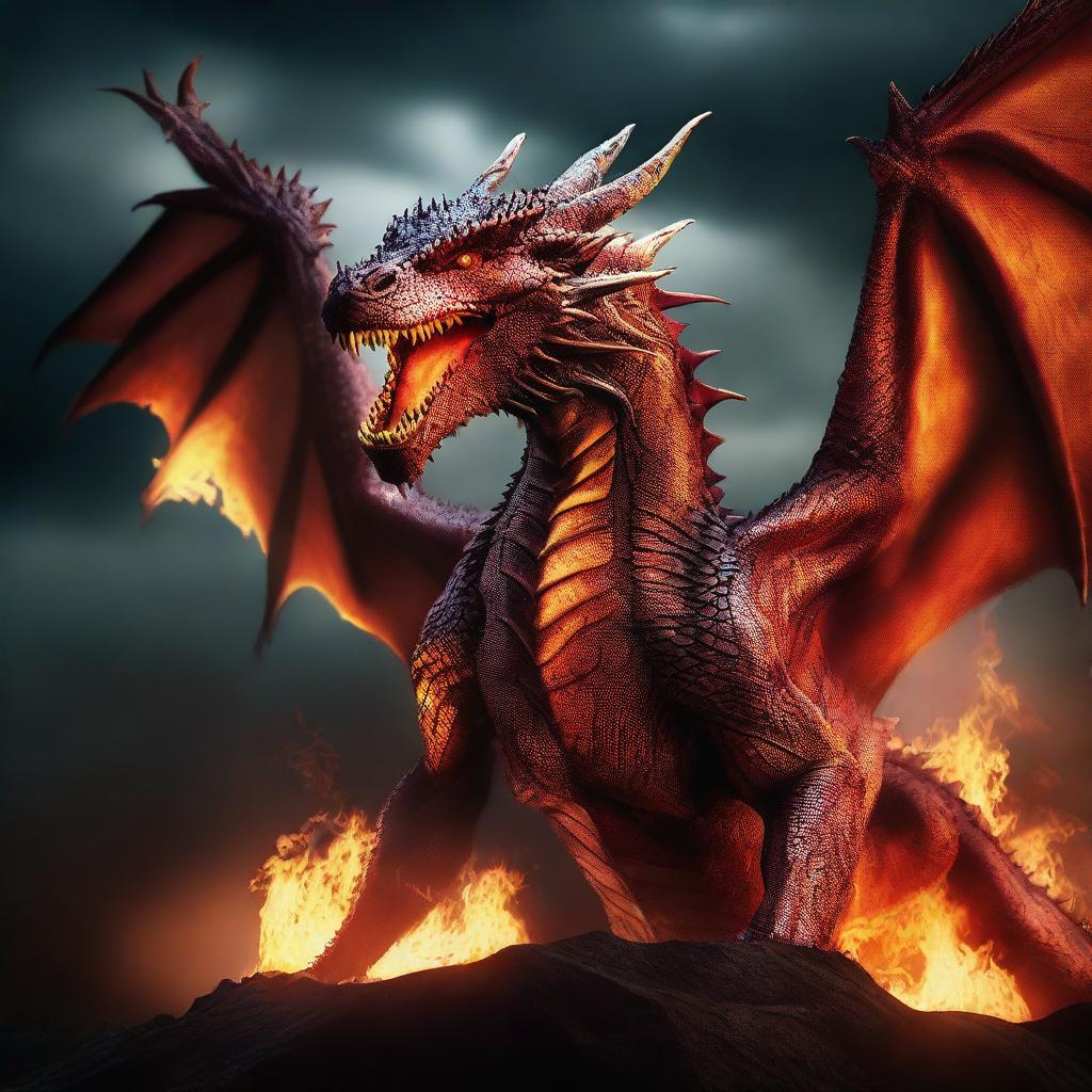 A cinematic photography of a fire-breathing dragon, depicted in a dramatic and intense scene