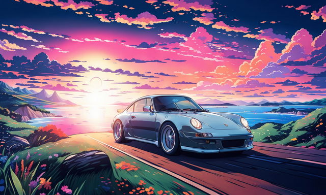 Anime-style Porsche 911 speeding through seaside hills at sunset.