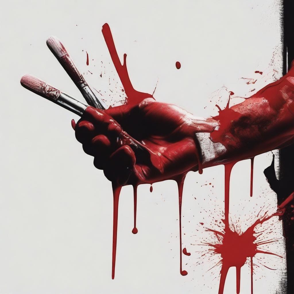 Create a close-up image of hands holding a painting brush with blood on it