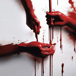 Create a close-up image of hands holding a painting brush with blood on it