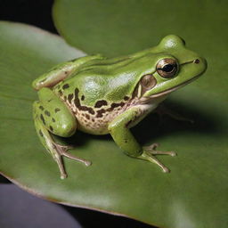 A vibrant, lifelike image of a green frog with intricate patterns on its skin, perched on a lily pad.