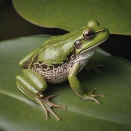 A vibrant, lifelike image of a green frog with intricate patterns on its skin, perched on a lily pad.