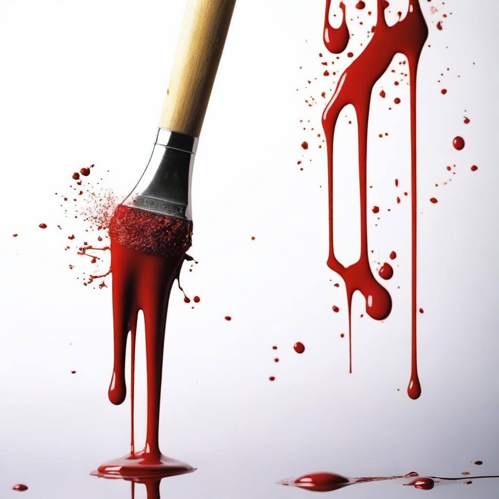 Create an image of a fine painting brush dipped in blood