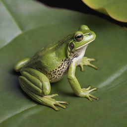 A vibrant, lifelike image of a green frog with intricate patterns on its skin, perched on a lily pad.