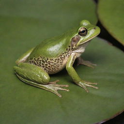 A vibrant, lifelike image of a green frog with intricate patterns on its skin, perched on a lily pad.