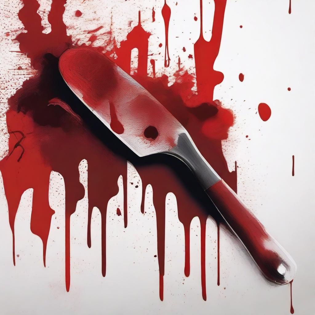 Create an image showing a painting brush and a knife with blood on them, placed over a work of art